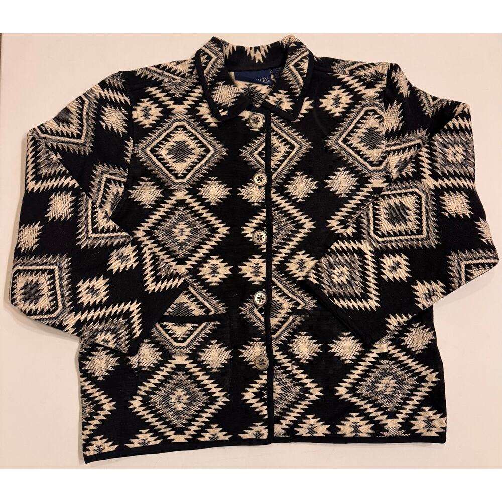 Vtg Jane Ashley Women's Button-Up Tapestry Jacket Black/White Aztec Print Sz L